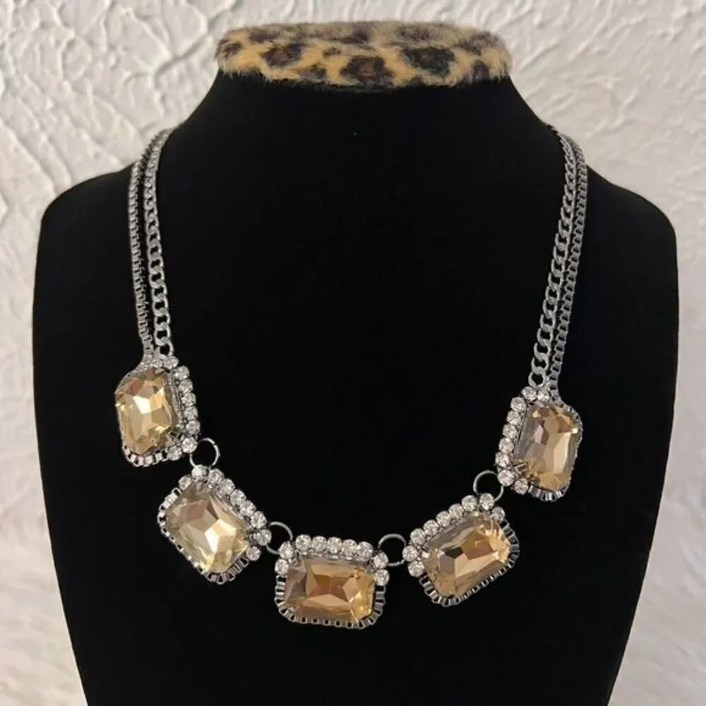FAUX CITRINE RHINESTONE GLASS SILVER TONE CHOKER DOUBLE CHAIN NECKLACE 16.5